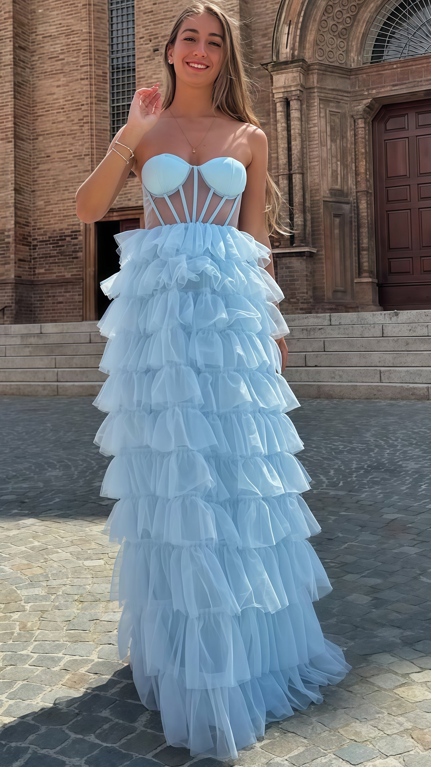 Sweetheart Light Blue A-Line Prom Dress, Ruffle Evening Dress, LTP3719