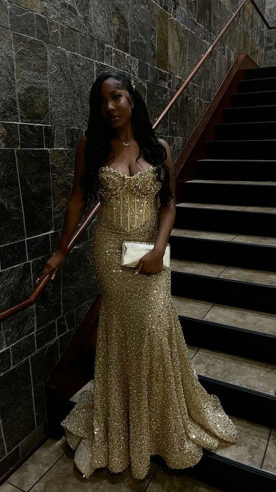 Sweetheart Mermaid Gold Prom Dresses Long Beaded Evening Formal Gown,LTP4128