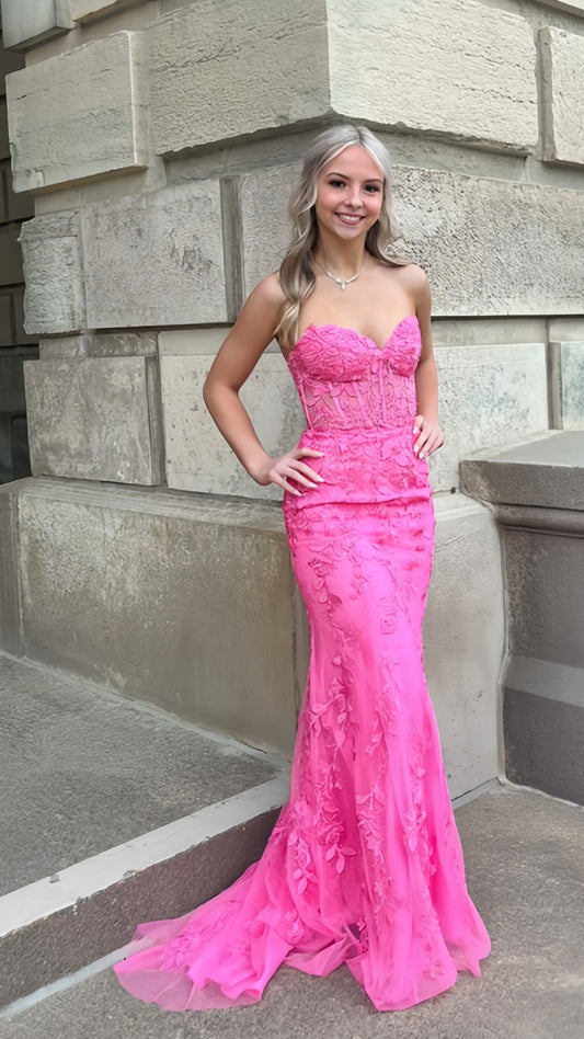 Sweetheart Mermaid Lace Prom Dress, Pink Sleeveless Party Gala Dress, LTP3740