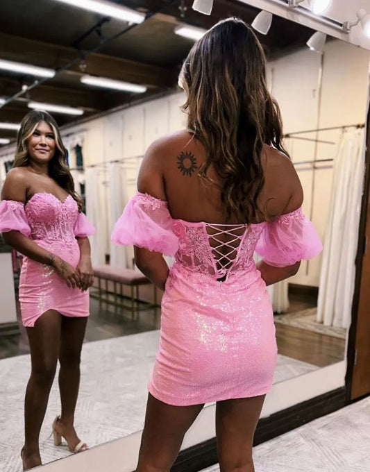 Discount Sweetheart Pink Lace Bodycon Mini Homecoming Dresses Short Cocktail Brithday Dress