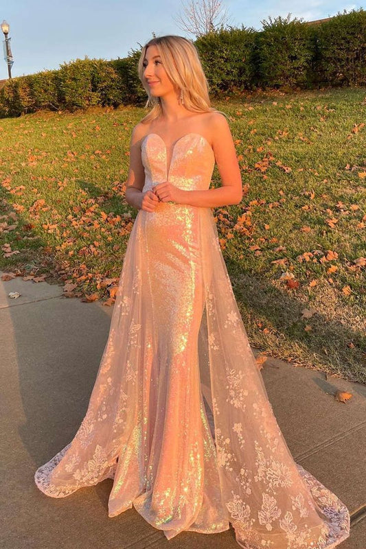 Sweetheart Rose Gold Sequin Long Prom Dress With Lace Train