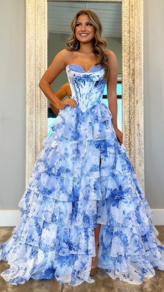 Sweetheart Blue Floral Layers Party Dress Chiffon Ruffle Prom Dresses, LTP3491