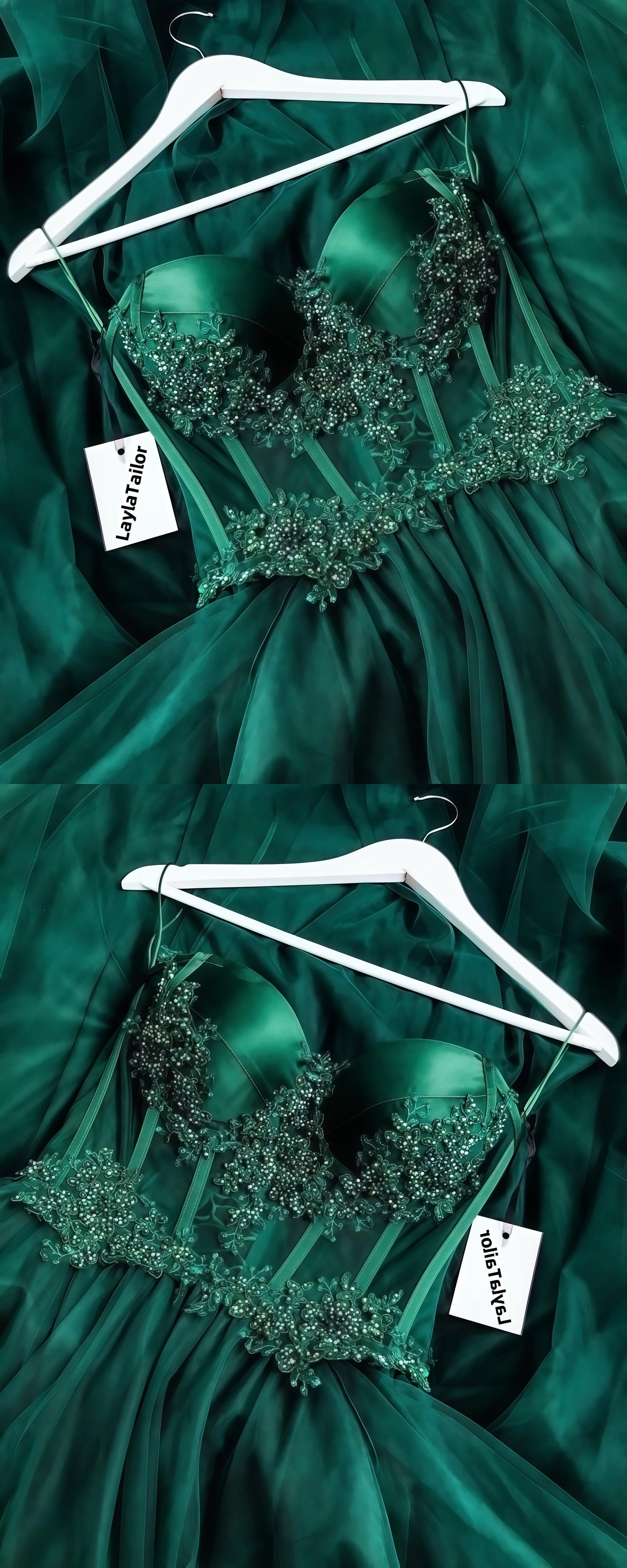 Sweetheart Dark Green Appliques Prom Dresses Sleeveless Tulle Long Dress,LTP3414