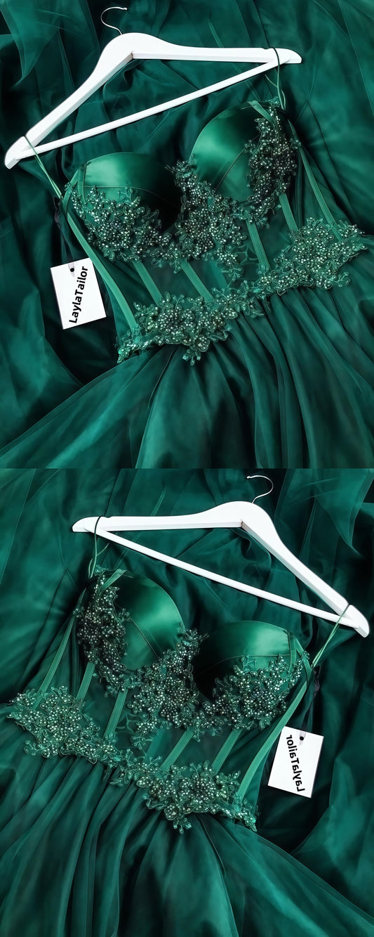 Sweetheart Dark Green Appliques Prom Dresses Sleeveless Tulle Long Dress,LTP3414