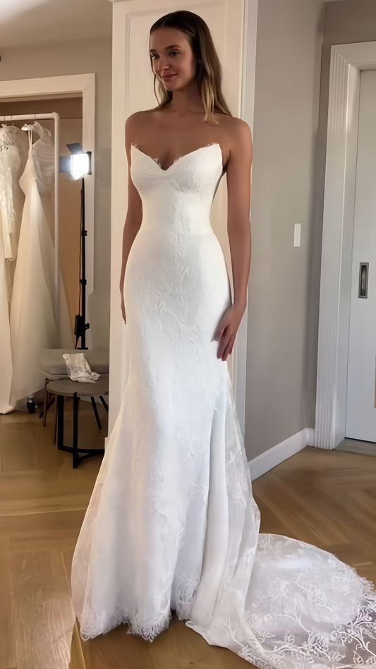 Sweetheart White Mermaid Lace Wedding Dresses With Sweep Train, LTP3791