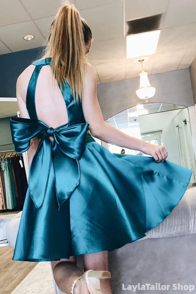 Two Pieces Peacock Blue A-Line Satin Homecoming Dress