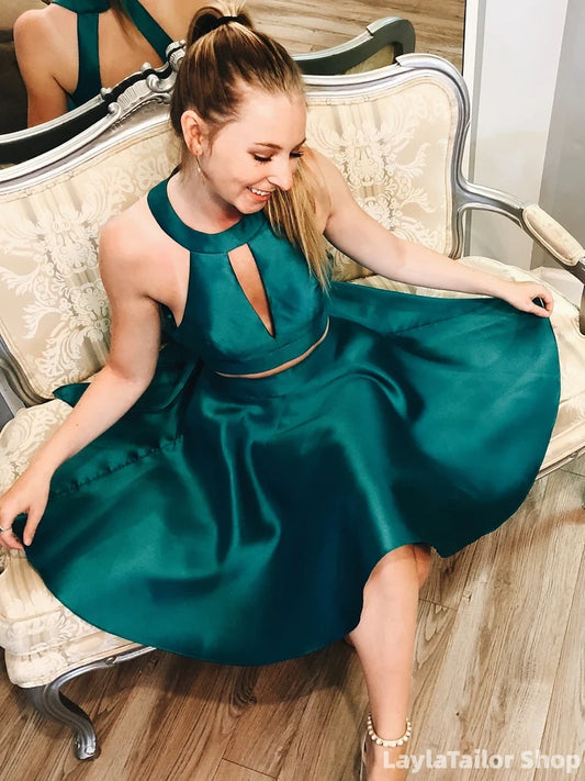 Two Pieces Peacock Blue A-Line Satin Homecoming Dress