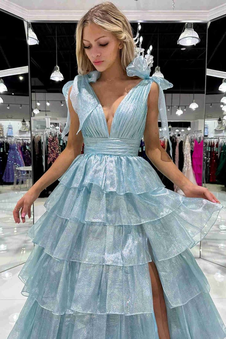 Tie Up Organza Ruffle Long Prom Dress