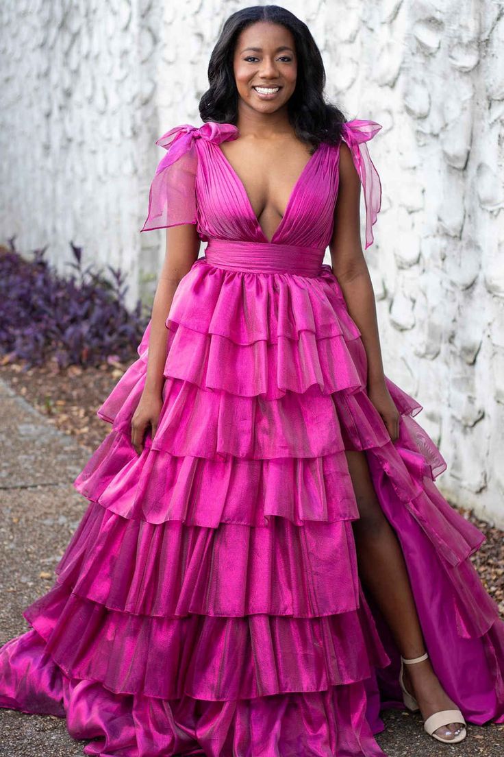 Tie Up Organza Ruffle Long Prom Dress