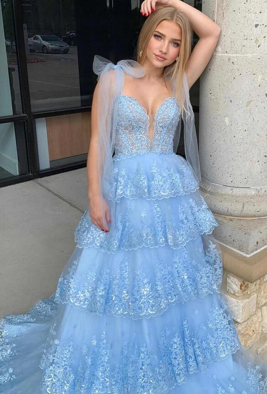 Tie Up Straps Ruffle Lace Skirt Long Prom Dresses, Plung Neck Evening Dress