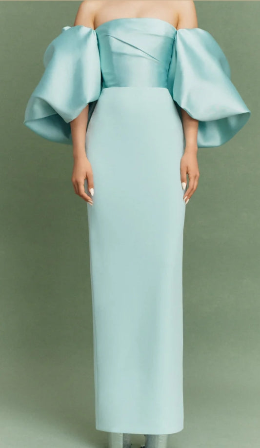 Tiffany Blue Off the Shoulder Satin Party Dress,LTP3571