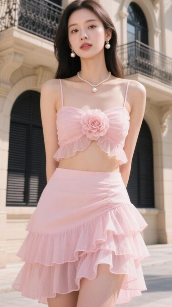 Two Pieces Homecoming Dresses Pink Chiffon Spaghetti Straps Hoco Party Dress,LTP3876