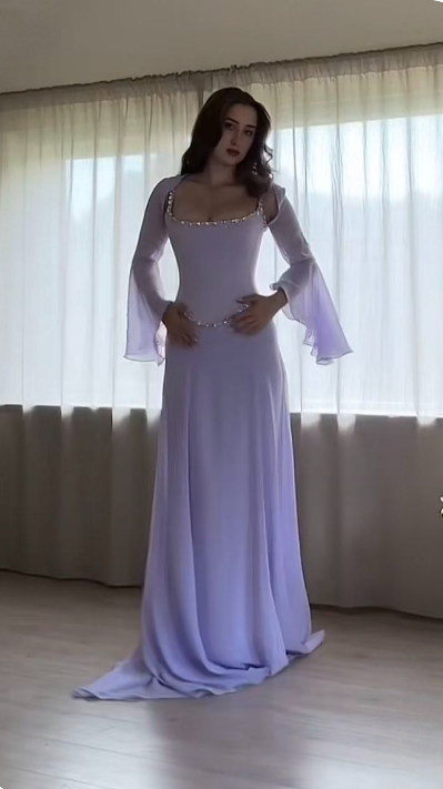 Two Pieces Lilac Chiffon Evening Prom Dresses Beaded Long Sleeves Bridesmaid Dress,LTP4590
