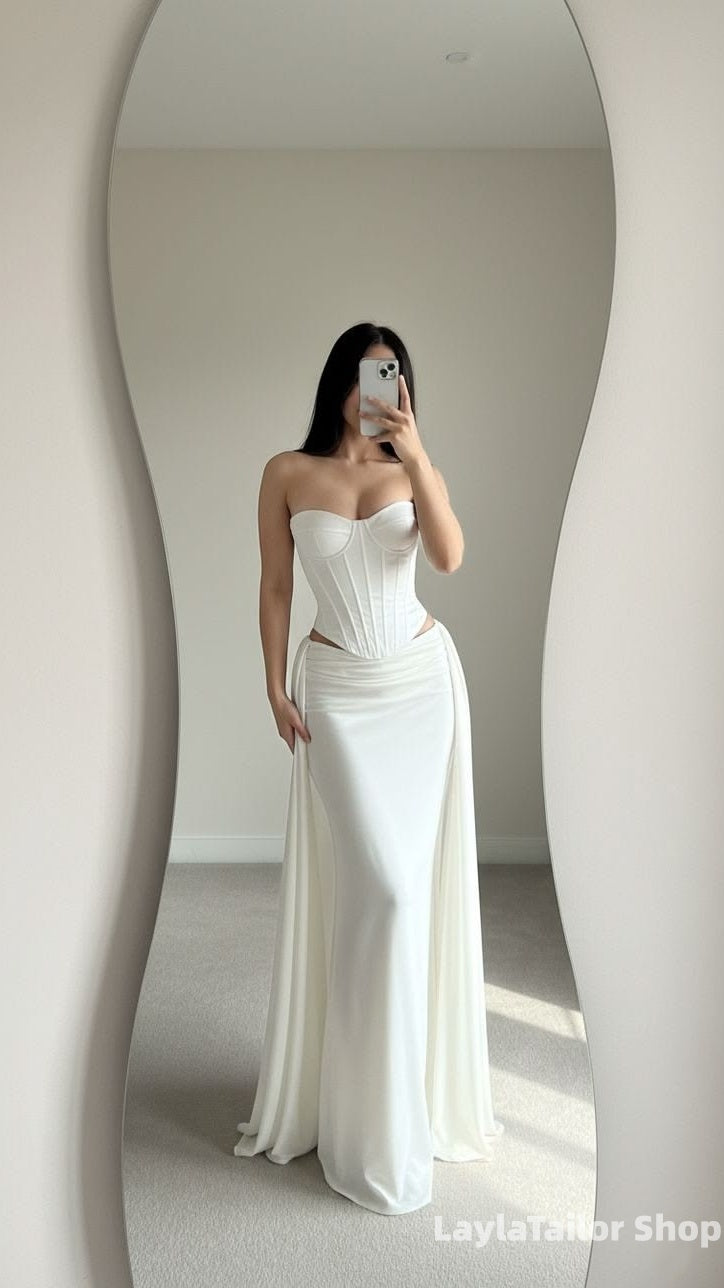 Two Pieces Mermaid Prom Dresses Ivory Chiffon Formal Party Dress