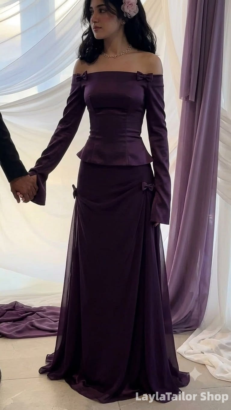 Two Pieces Off The Shoulder Purple Evening Prom Dresses LTP82762