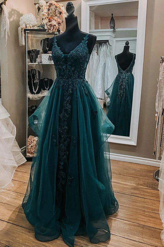 Dark Green Open Back V-Neck Applique Beaded Tulle Prom Dress