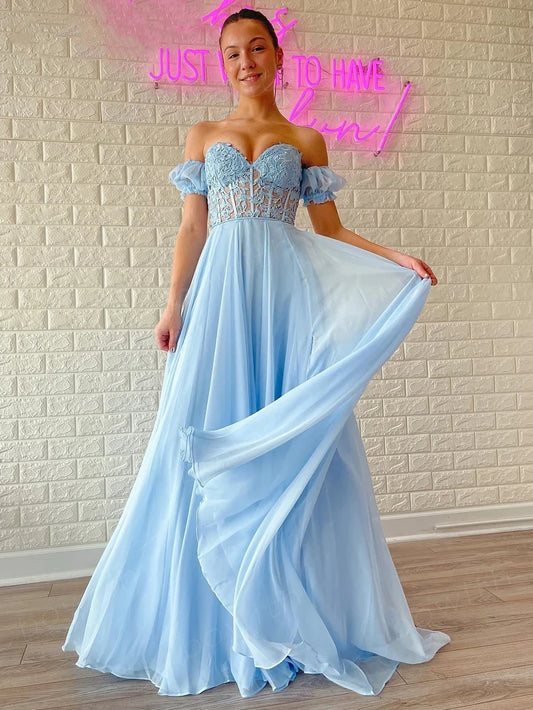 Sweetheart Chiffon Appliques Long Prom Dress