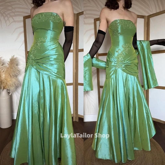 Vintage 90's Green Strapless Appliques Prom Dresses,LTP3652