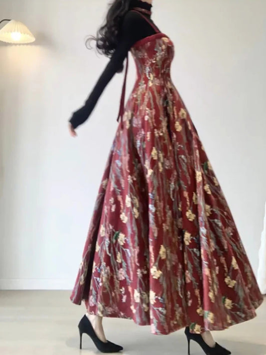 Vintage A line Spaghetti Straps Red Floral Long Birthday Dresses Prom Dress Birthday Outfits, LTP3589