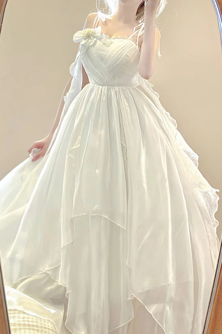 Vintage A line Spaghetti Straps White Floral Long Birthday Dresses Prom Dress Chiffon Birthday Outfits ,LTP3588