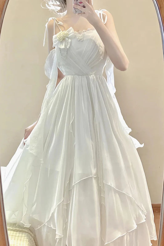 Vintage A line Spaghetti Straps White Floral Long Birthday Dresses Prom Dress Chiffon Birthday Outfits ,LTP3588