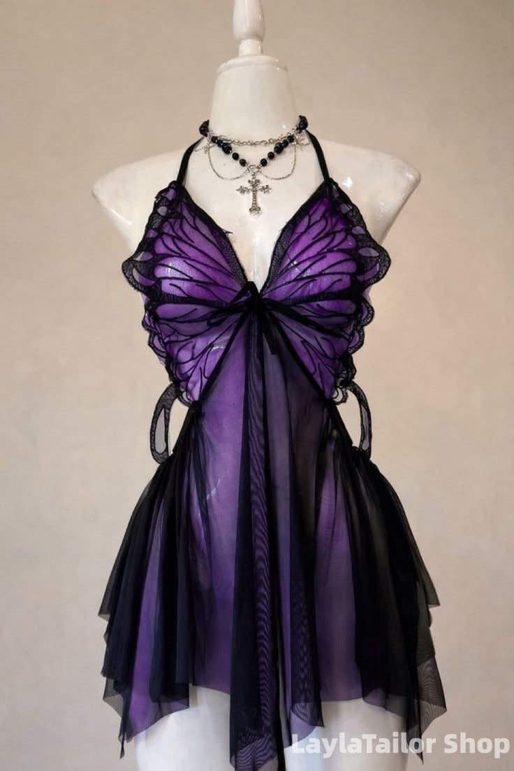 Vintage Black Purple Butterfly Chiffon Homecoming Dresses LTP82658