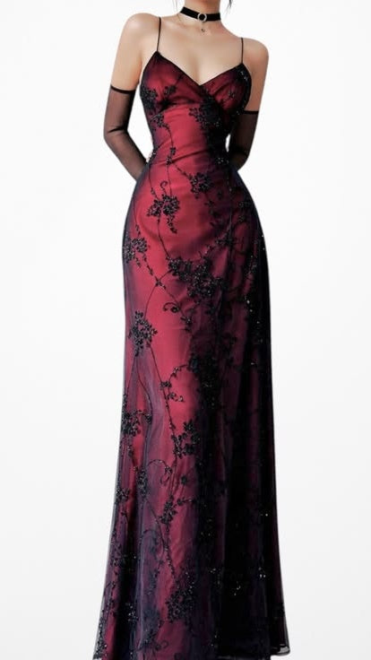 Vintage Burgundy Red Floral Prom Dress Chiffon Lace Bodycon Maxi Dress,LTP4419