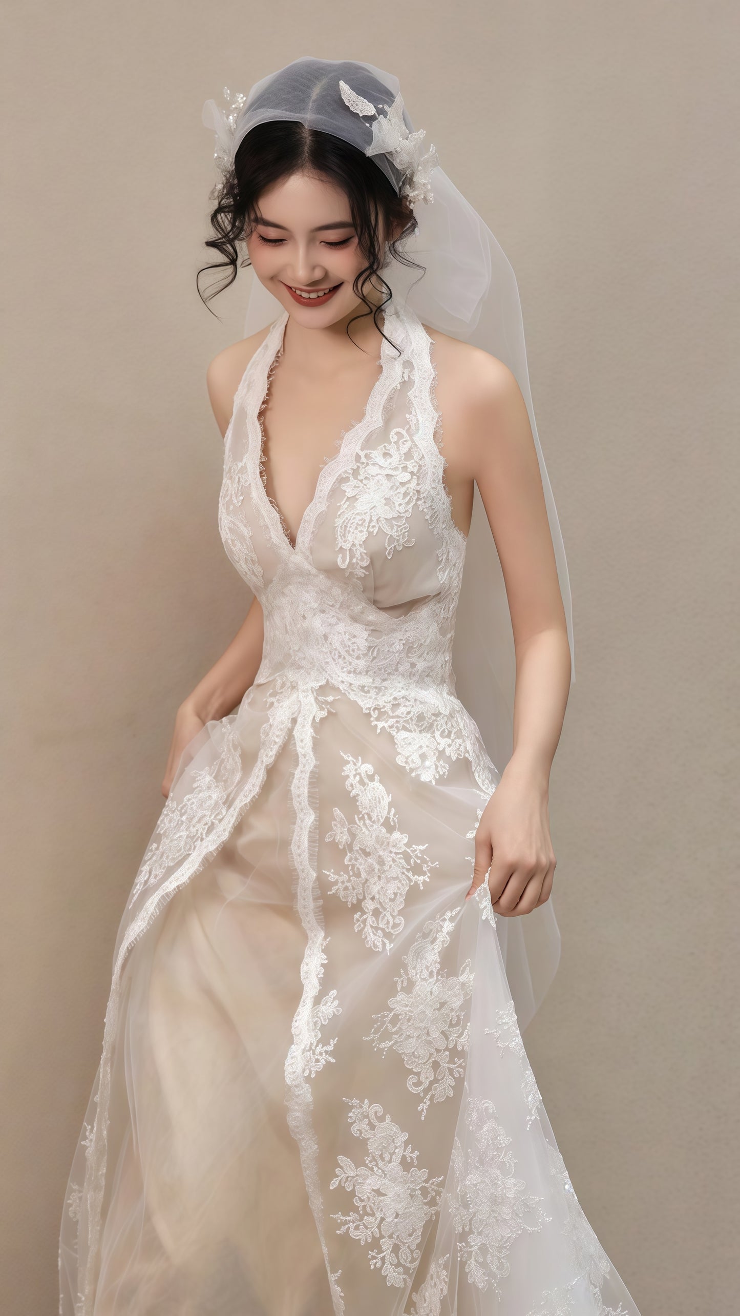 Vintage Halter Lace Wedding Dress, V-neck France Romance Bridal Dress,LTP3666