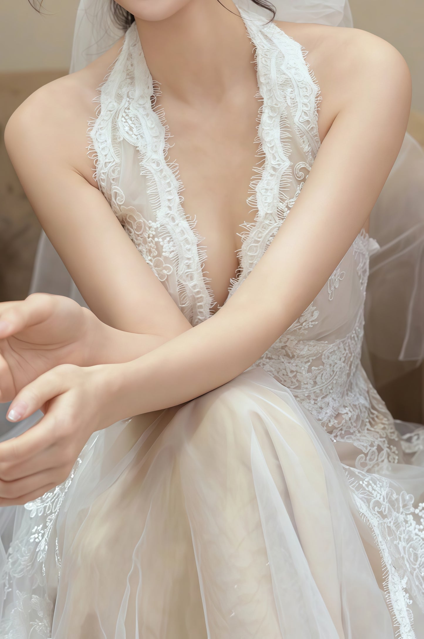 Vintage Halter Lace Wedding Dress, V-neck France Romance Bridal Dress,LTP3666