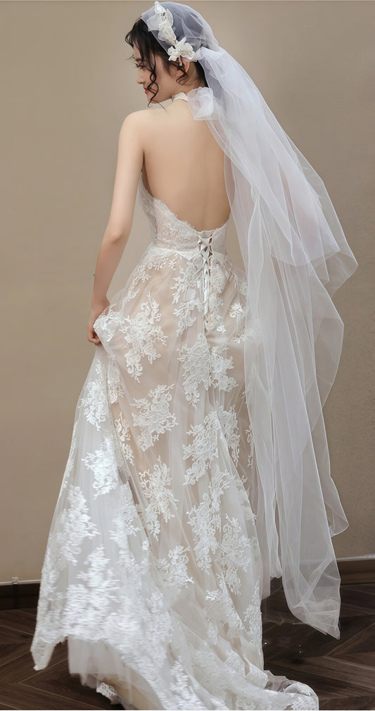 Vintage Halter Lace Wedding Dress, V-neck France Romance Bridal Dress,LTP3666