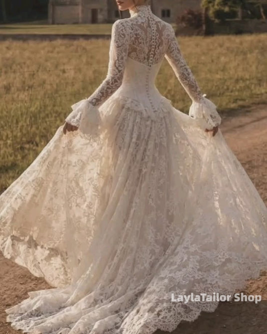 Vintage High Neck Lace Long Sleeves Wedding Gown,LTP3646