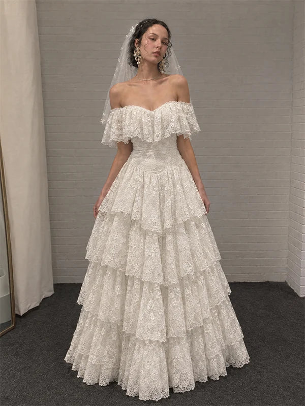Vintage Ivory Off Shoulder A-line Ruffled Tiered Wedding Dress Lace Bridal Gown,LTP82796