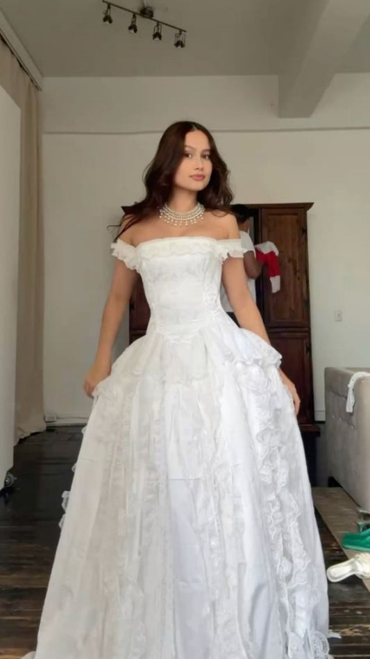 Vintage Lace Bridal Dresses Off The Shoulder White Wedding Gown,LTP3957