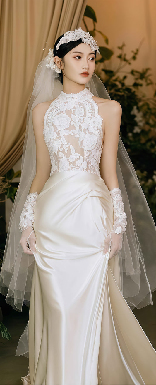 Vintage Lace High Neck Satin Wedding Dress, Sleeveless France Romance Bridal Dress,LTP3667