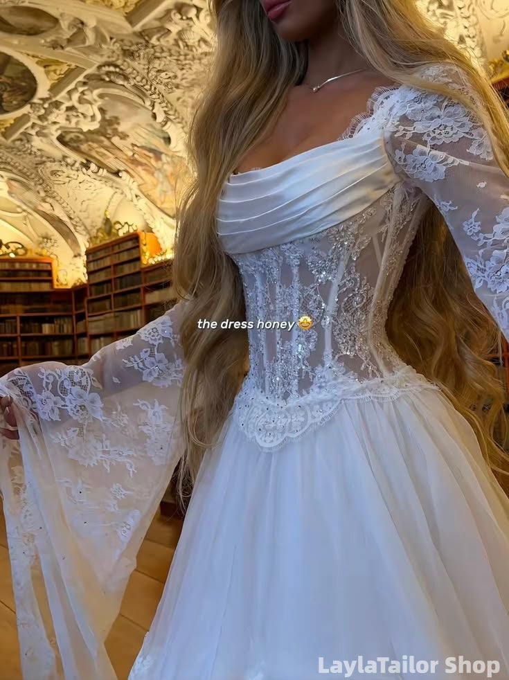 Vintage Lace Wedding Dresses White Long Sleeves Tiered Gothic Wedding Gown, LTP82813