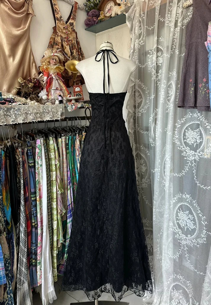 Vintage Mermaid Halter Sleeveless Long Black Lace Evening Dress Prom Dresses , LTP3630