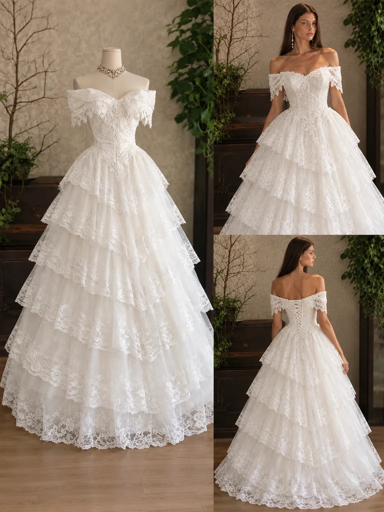 Vintage Off The Shoulder Lace Ruffle Wedding Dress A-Line Tiered Bridal Dresses,LTP82798