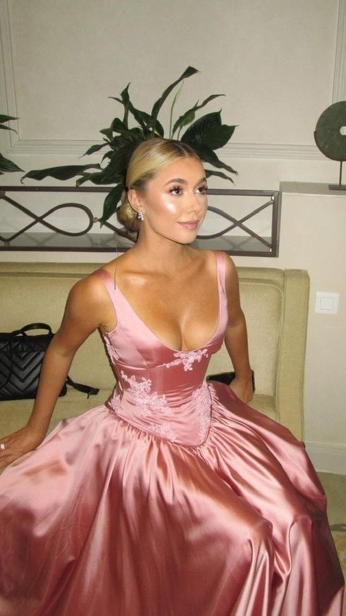 Vintage Pink Appliques Prom Dress, V-Neck Custom Made Party Dress,LTP3528