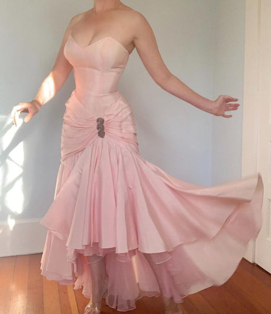 Vintage Pink Ruffle Prom Dress Sweetheart Mermaid Party Dresses