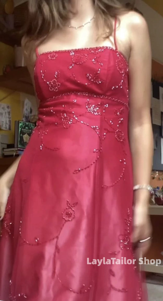Vintage Prom Dress Spaghetti Straps Red Beaded Lace Formal Dresses,LTP3663