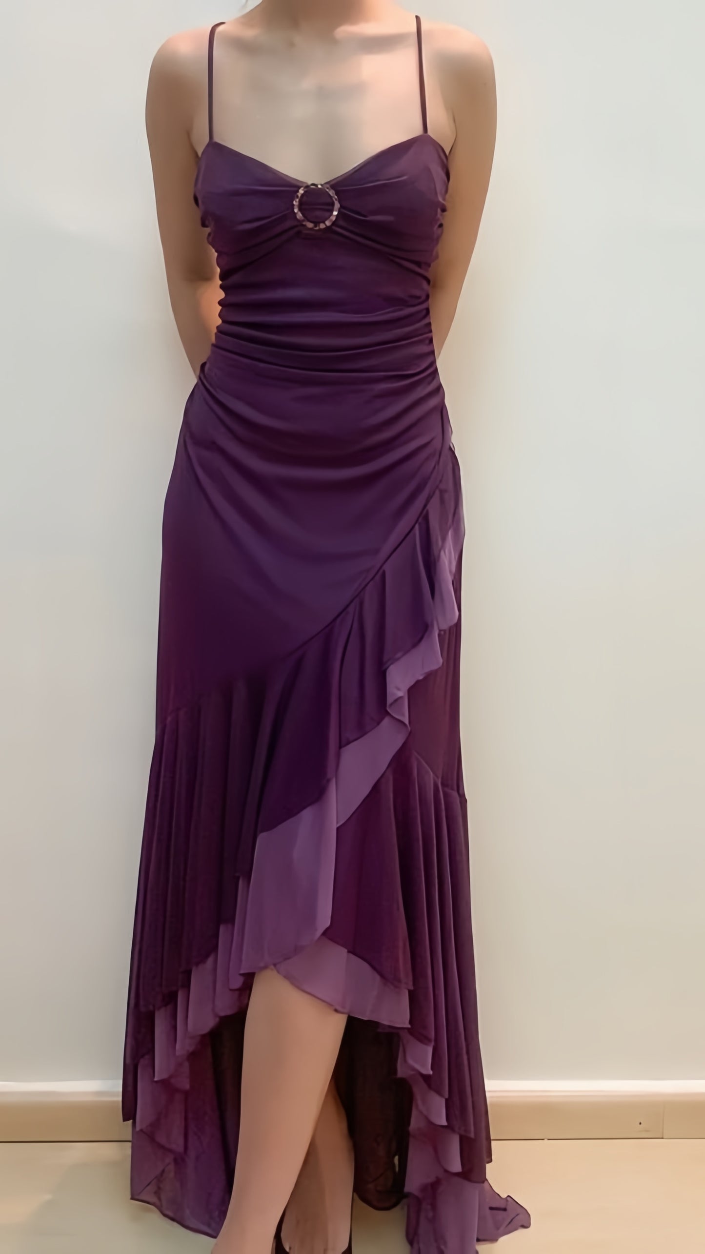 Vintage Purple Chiffon Ruffle Prom Dress Spaghetti Straps Evening Party Dresses,LTP4312