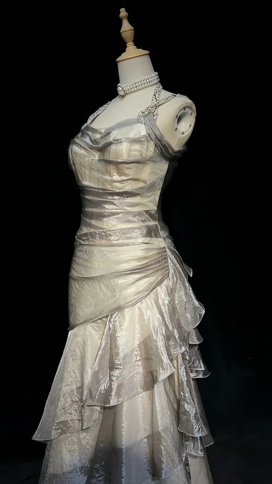 Vintage Silver White Prom Dresses Ruffles Dance Dress,LTP4127