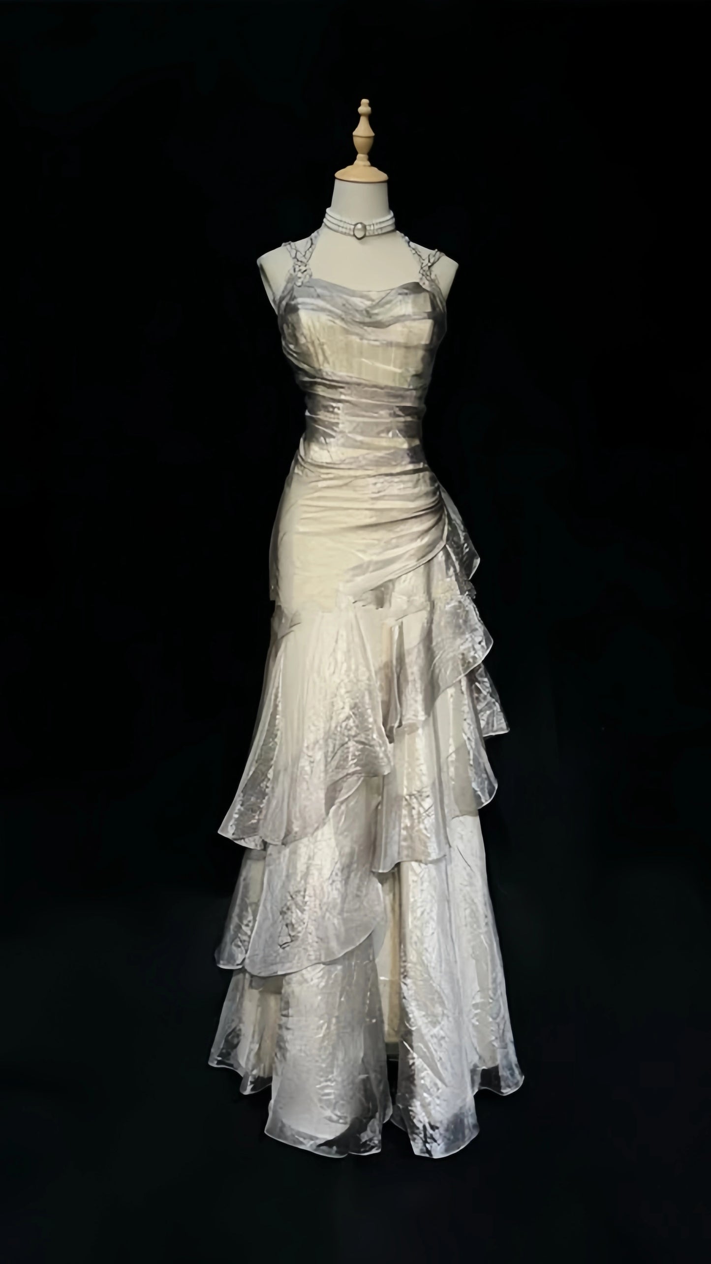 Vintage Silver White Prom Dresses Ruffles Dance Dress,LTP4127