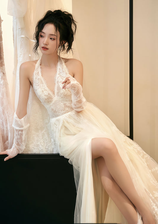 Vintage Spring Forest Wedding Dress, White Lace V-neck Bridal Wedding Gown,LTP3668