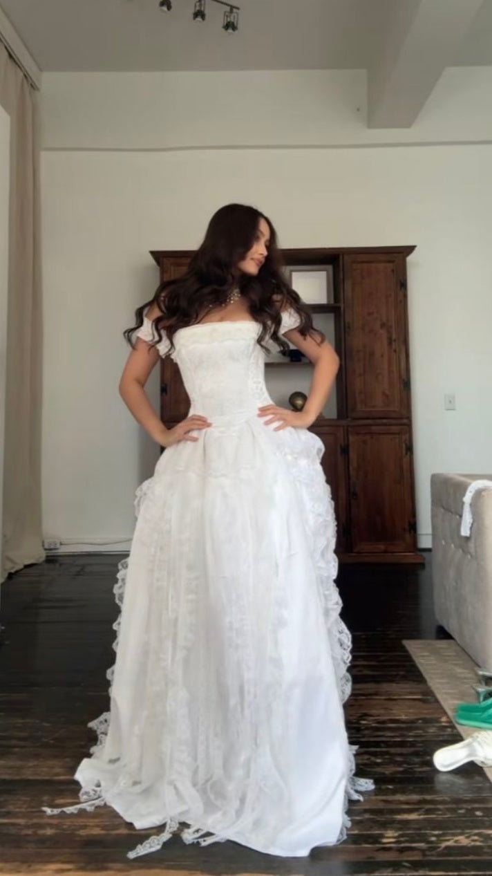 Vintage White Lace Wedding Gown Off The Shoulder Bridal Dress,LTP4188