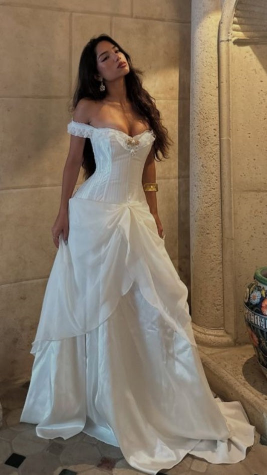 Vintage White Off The Shoulder Satin Chiffon Wedding Dresses Bridal Gown,LTP3956