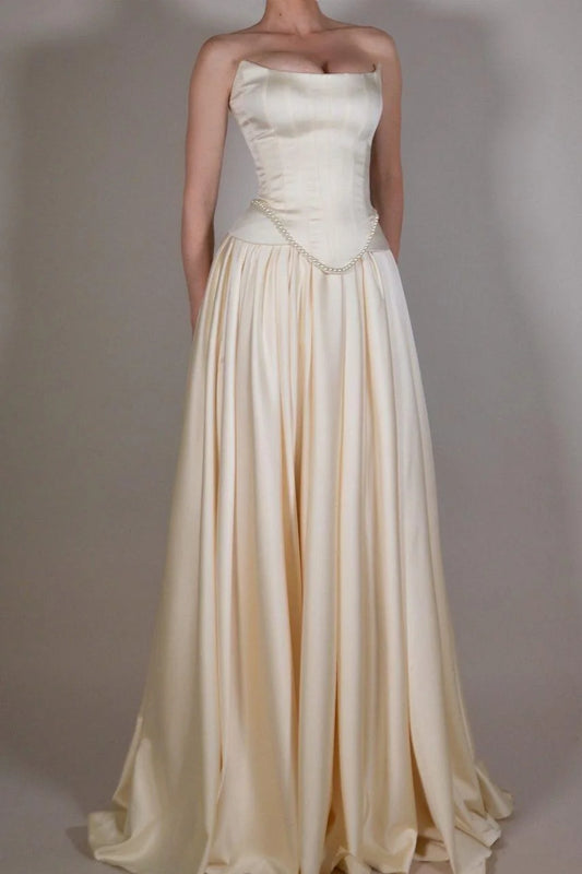 Vintage Off White Strapless Wedding Dress, Pearl Beaded Satin A-line Prom Dress,LTP3672