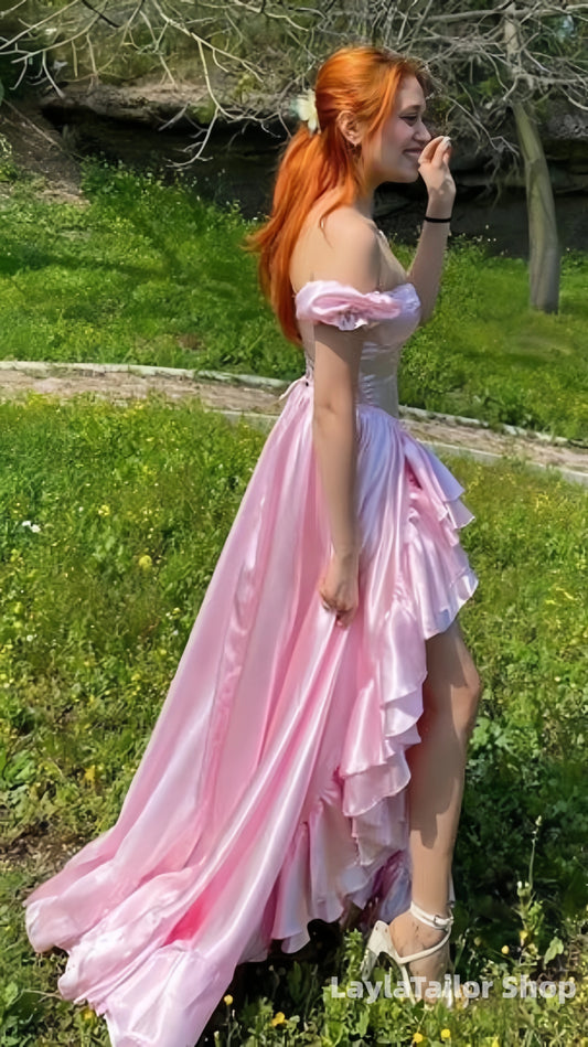 Vintage Pink Off The Shoulder Prom Dress Ruffle A-line Formal Party Dresses With Slit,LTP3697