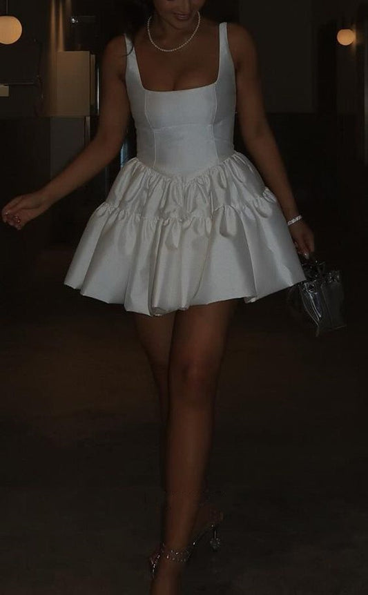 White A-Neck Square Neck Mini Homecoming Dress, LTP2893