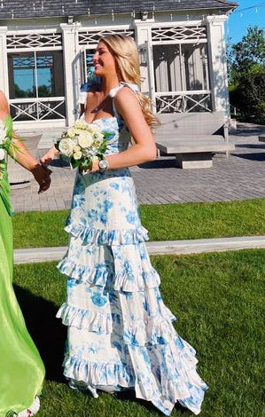 White Blue Floral A-Line Prom Dresses Long Evening Gown